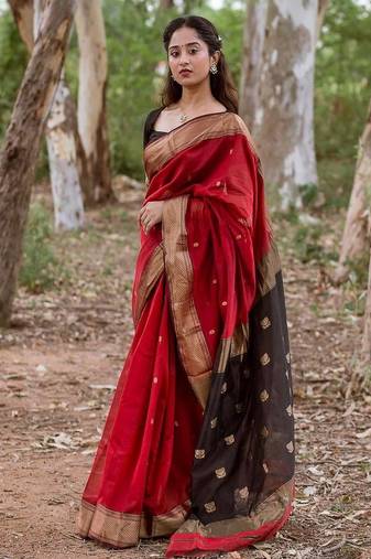 Red black soft linen blend banarasi jacuard work designer party wear saree with unstitched blouse piece