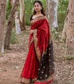 Red black linen blend banarasi saree with unstitched blouse piece