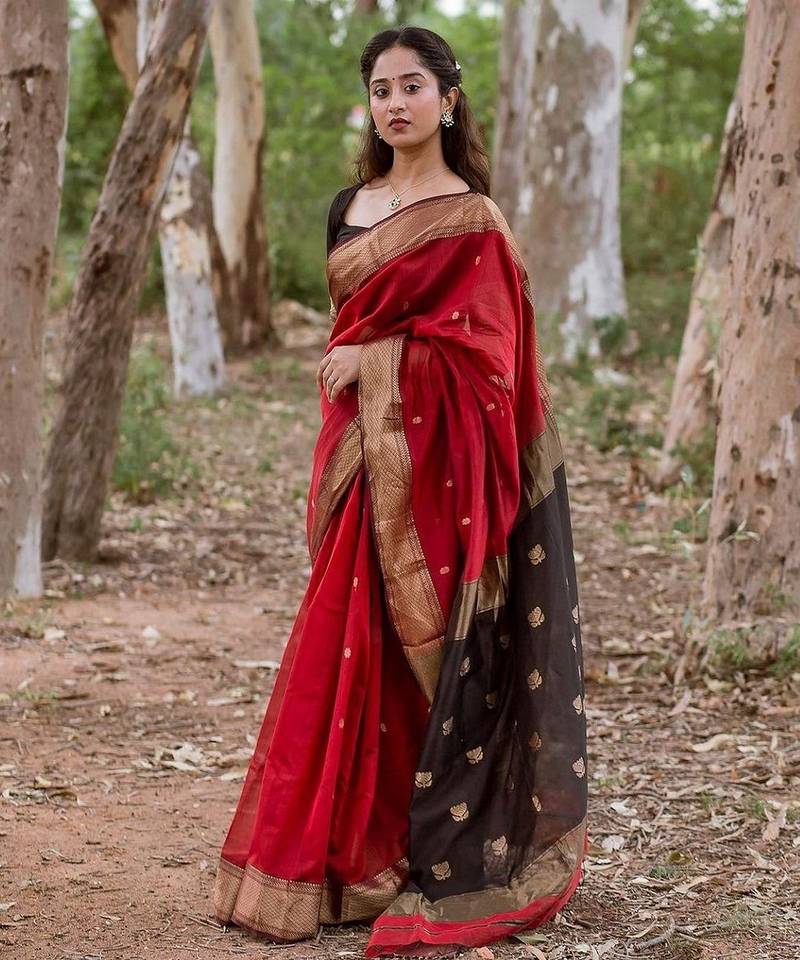Red black soft linen blend banarasi jacuard work designer party wear saree with unstitched blouse piece