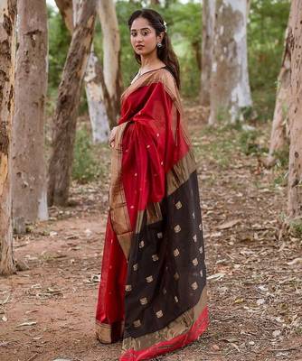 Red black linen blend banarasi saree with unstitched blouse piece 5