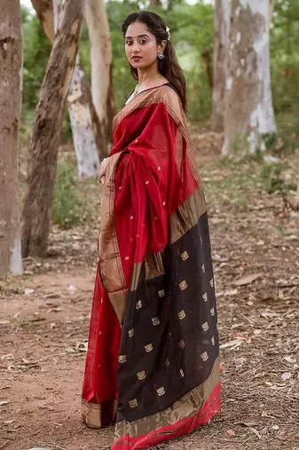 Red black linen blend banarasi saree with unstitched blouse piece