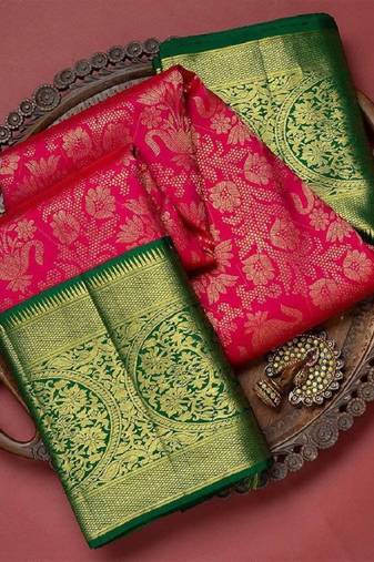 Red green soft silk blend banarasi jacuard work designer party wear saree with unstitched blouse piece