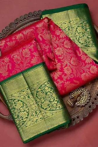 Red green soft silk blend banarasi jacuard work designer party wear saree with unstitched blouse piece
