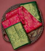 Red green silk blend banarasi saree with unstitched blouse piece