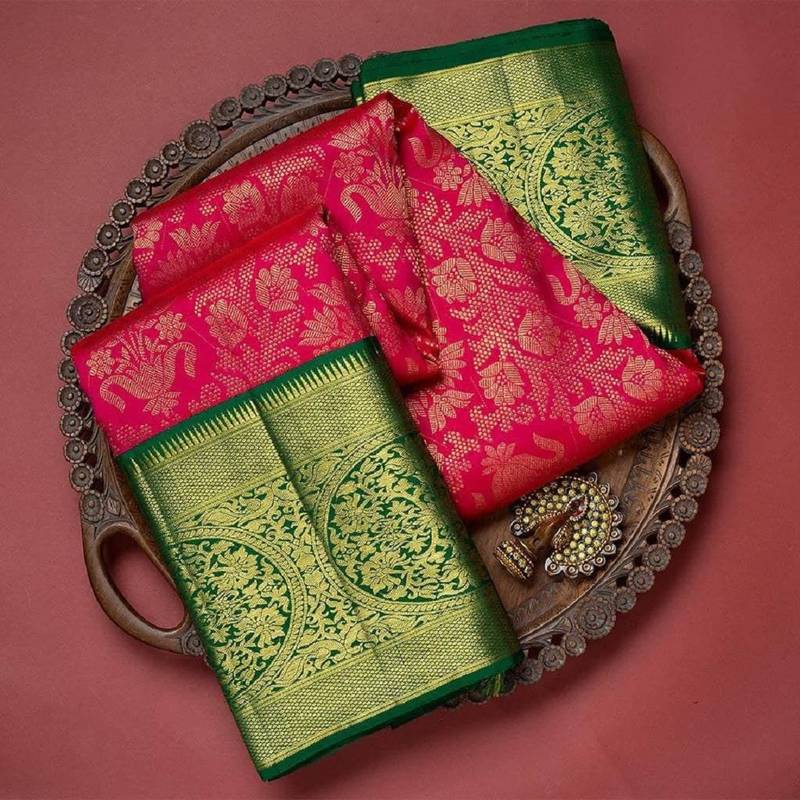 Red green soft silk blend banarasi jacuard work designer party wear saree with unstitched blouse piece