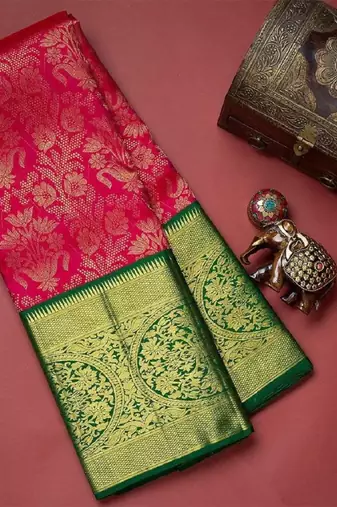 Red green silk blend banarasi saree with unstitched blouse piece
