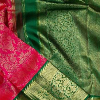 Red green silk blend banarasi saree with unstitched blouse piece 4