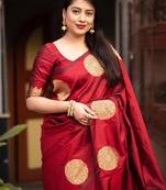 Red silk blend banarasi saree with unstitched blouse piece