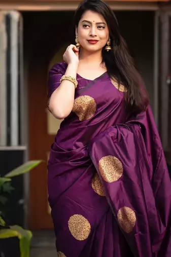 Purple soft silk blend banarasi jacuard work designer party wear saree with unstitched blouse piece