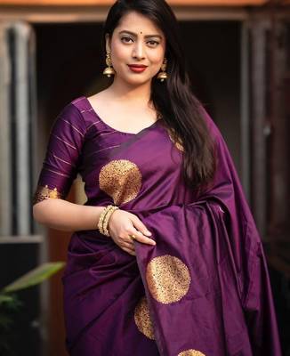 Purple silk blend banarasi saree with unstitched blouse piece 2