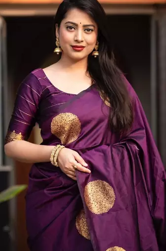 Purple silk blend banarasi saree with unstitched blouse piece