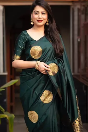 Green silk blend banarasi saree with unstitched blouse piece