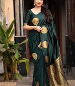 Green silk blend banarasi saree with unstitched blouse piece