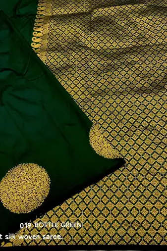 Green silk blend banarasi saree with unstitched blouse piece