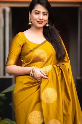 Yellow silk blend banarasi saree with unstitched blouse piece