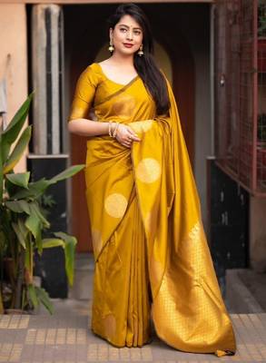 Yellow silk blend banarasi saree with unstitched blouse piece 3