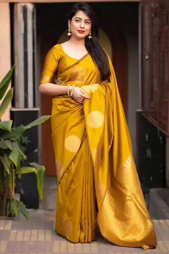 Yellow silk blend banarasi saree with unstitched blouse piece