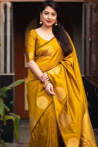 Yellow soft silk blend banarasi jacuard work designer party wear saree with unstitched blouse piece