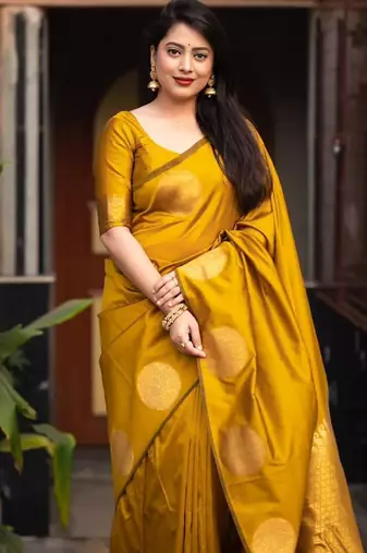 Yellow soft silk blend banarasi jacuard work designer party wear saree with unstitched blouse piece