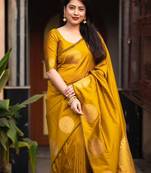 Yellow silk blend banarasi saree with unstitched blouse piece