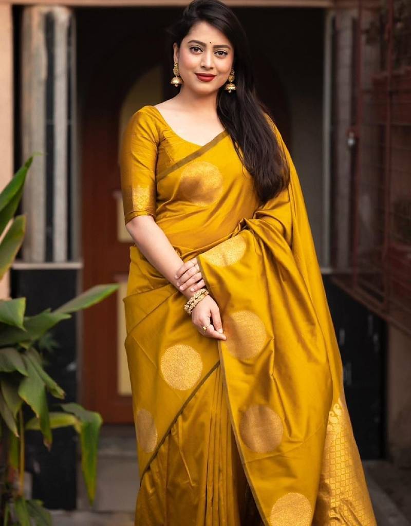 Yellow soft silk blend banarasi jacuard work designer party wear saree with unstitched blouse piece