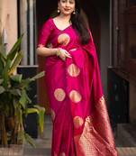 Pink silk blend banarasi saree with unstitched blouse piece