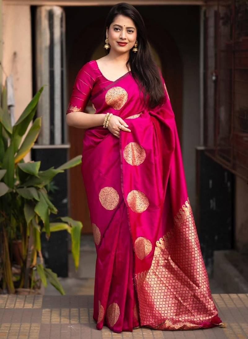 Pink soft silk blend banarasi jacuard work designer party wear saree with unstitched blouse piece