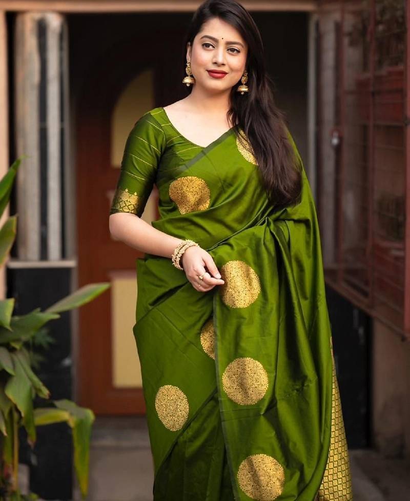 Parrot soft silk blend banarasi jacuard work designer party wear saree with unstitched blouse piece