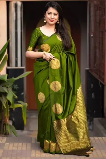 Parrot silk blend banarasi saree with unstitched blouse piece