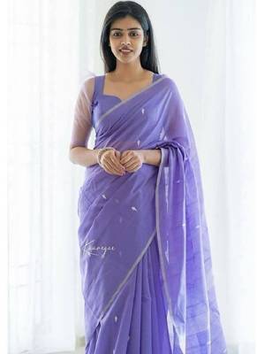 Lavender linen blend banarasi saree with unstitched blouse piece 1