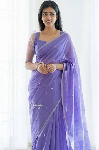 Lavender soft linen blend banarasi jacuard work designer party wear saree with unstitched blouse piece