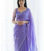 Lavender linen blend banarasi saree with unstitched blouse piece