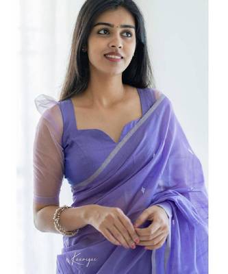 Lavender linen blend banarasi saree with unstitched blouse piece 2