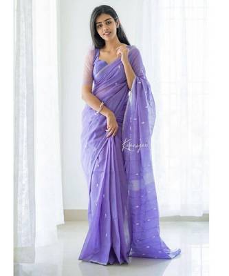 Lavender linen blend banarasi saree with unstitched blouse piece 3