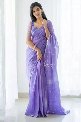 Lavender linen blend banarasi saree with unstitched blouse piece