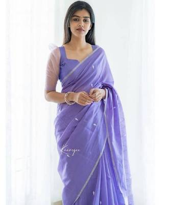 Lavender linen blend banarasi saree with unstitched blouse piece 5