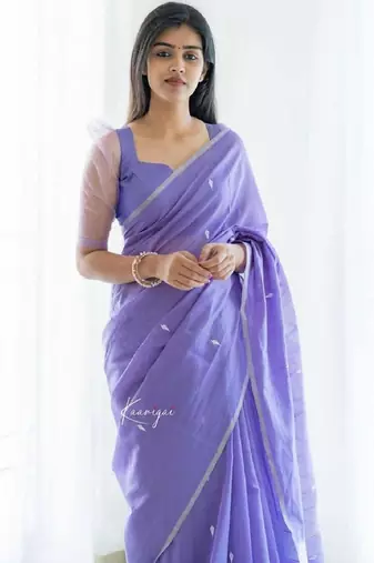 Lavender linen blend banarasi saree with unstitched blouse piece