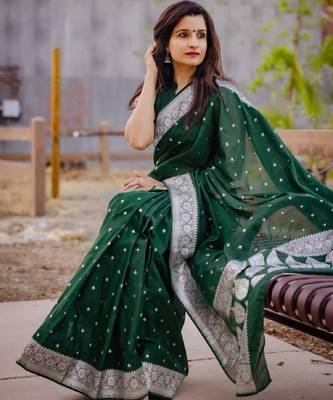 Green silk blend banarasi saree with unstitched blouse piece 4