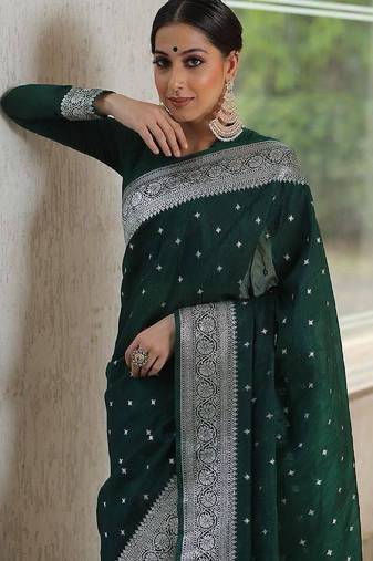 Green soft silk blend banarasi jacuard work designer party wear saree with unstitched blouse piece