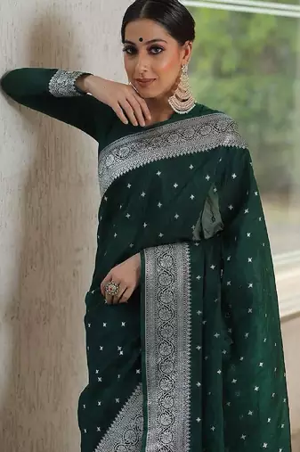 Green soft silk blend banarasi jacuard work designer party wear saree with unstitched blouse piece