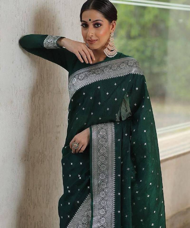 Green soft silk blend banarasi jacuard work designer party wear saree with unstitched blouse piece