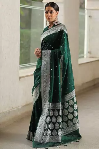 Green silk blend banarasi saree with unstitched blouse piece