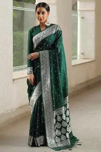 Green silk blend banarasi saree with unstitched blouse piece