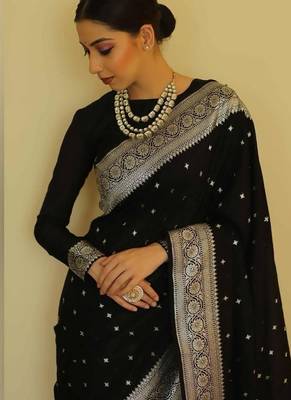 Black silk blend banarasi saree with unstitched blouse piece 1