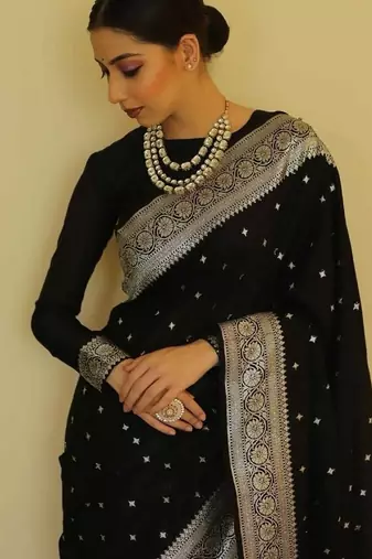 Black soft silk blend banarasi jacuard work designer party wear saree with unstitched blouse piece