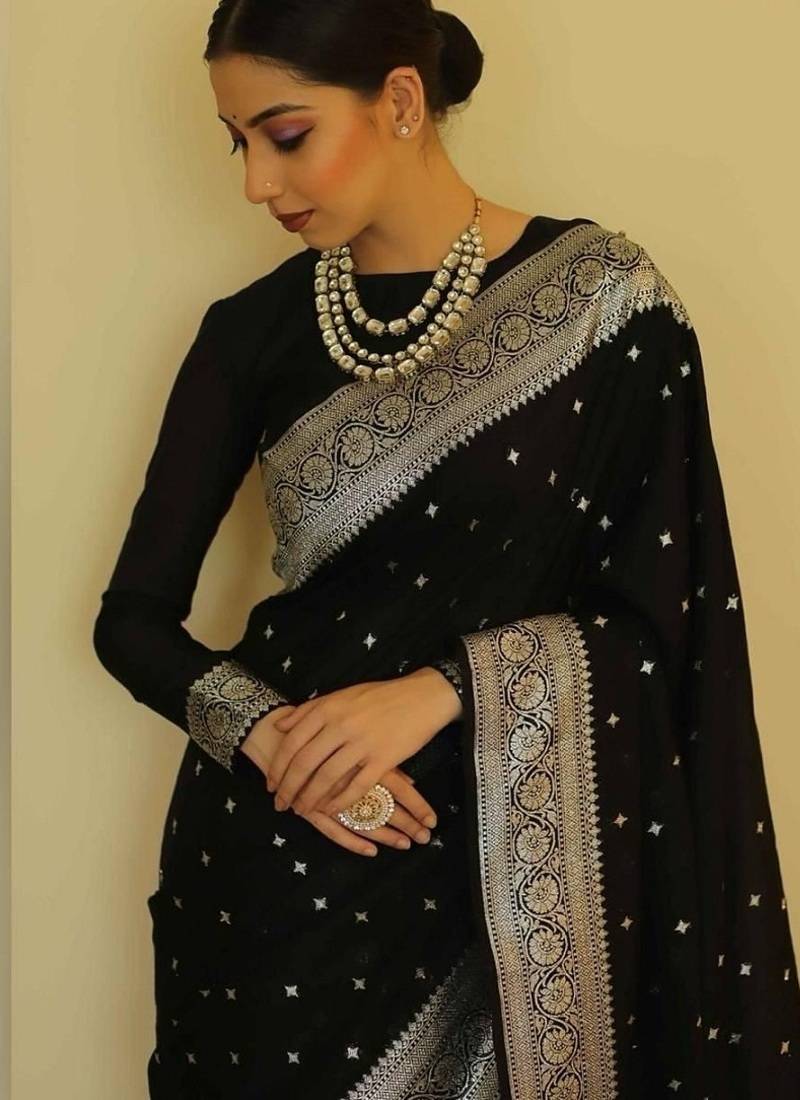 Black soft silk blend banarasi jacuard work designer party wear saree with unstitched blouse piece