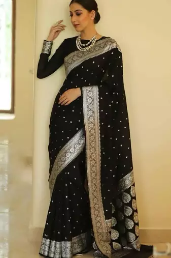 Black silk blend banarasi saree with unstitched blouse piece