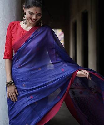 Blue red linen blend banarasi saree with unstitched blouse piece 1