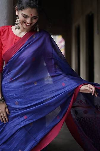Blue red soft linen blend banarasi jacuard work designer party wear saree with unstitched blouse piece