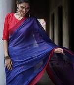 Blue red linen blend banarasi saree with unstitched blouse piece